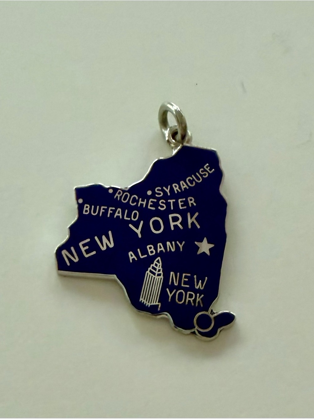 Vintage New York State Blue Enamel Map Charm Pendant Sterling Silver
